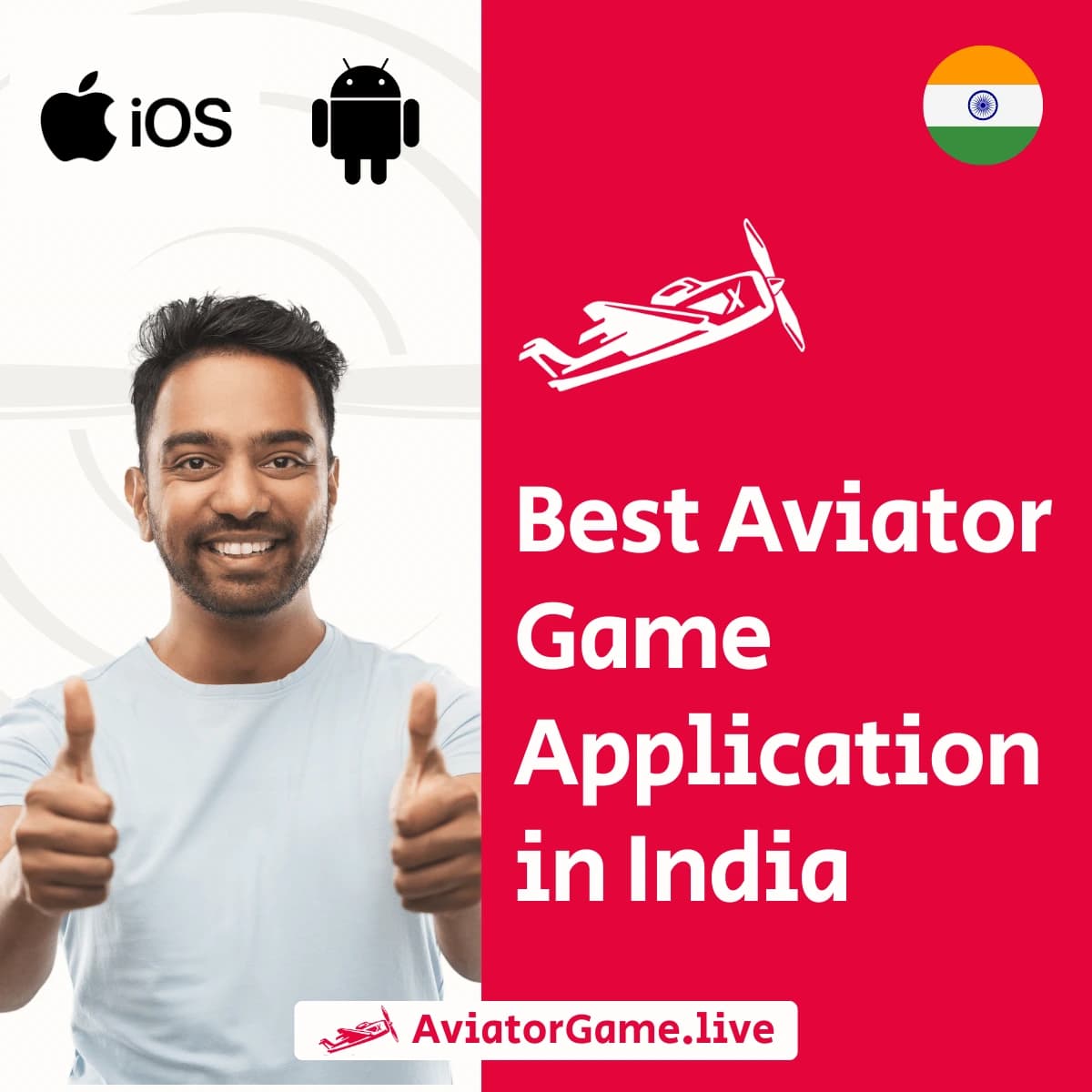 Smiling man giving double thumbs up with text promoting best Aviator game app in India for iOS and Android