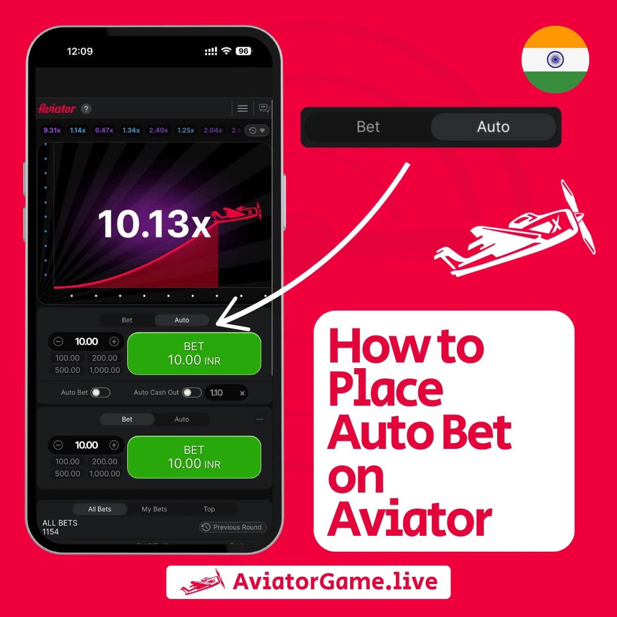 Smartphone interface showing Aviator game screen with instructions on how to place an auto bet